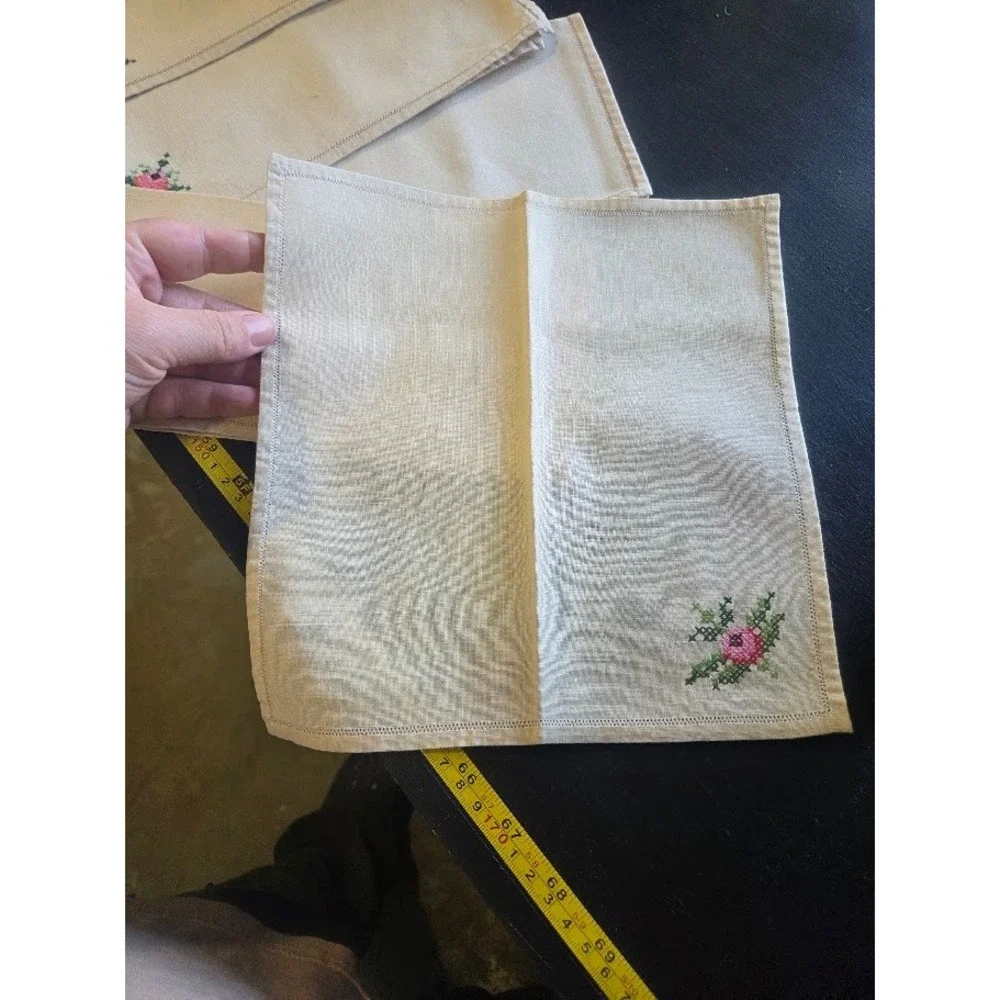 Vintage Cross Stitch Floral Linen Napkins Set of 9 Cream Pink Green
